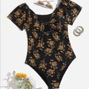 New Plus Size Black Floral Cut Out Knot Swim Suit!